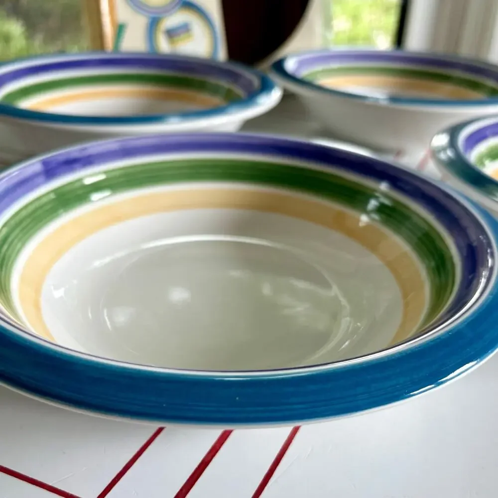 Vintage Gibson Candy Stripe Blue Purple and Green and Yellow Bowls Set of 4 8.25